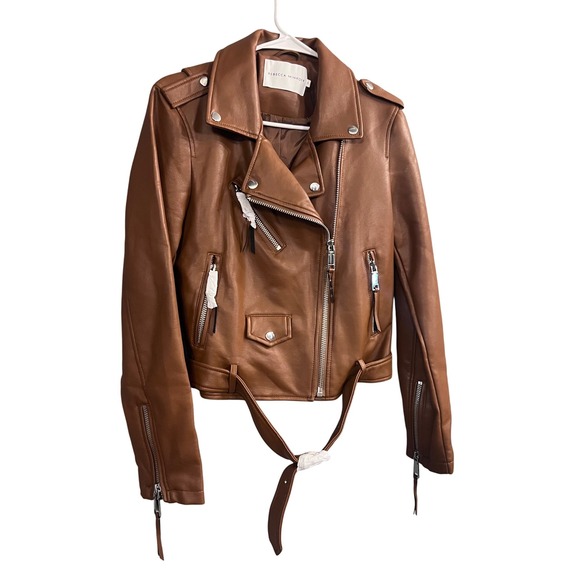 Rebecca Minkoff Cognac Brown Vegan Faux Leather Moto‎ Jacket Biker Zip Up Small - Picture 12 of 13